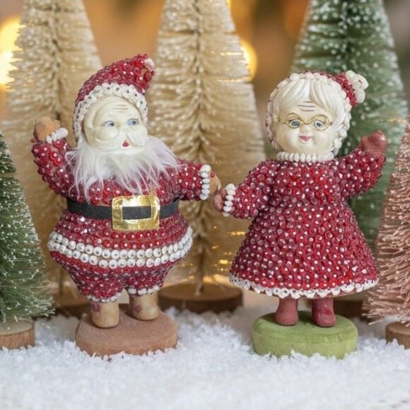Unbranded Other - Vintage Beaded Santa & Mrs Claus Figurines – Hand-Pinned Sequins, Flocked Bases,